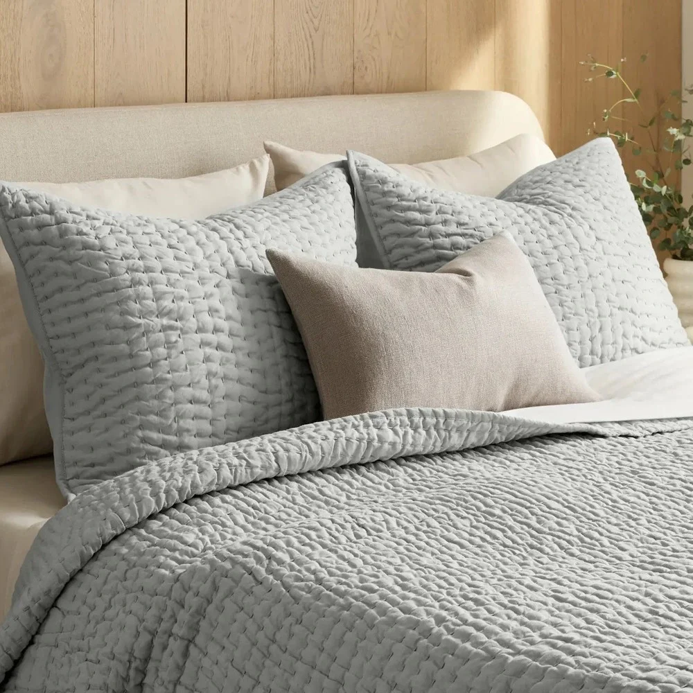 Quince European Linen Cotton Stitch Quilt Set King Cal King Mist Bedding 3pc NEW